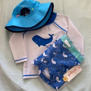 NWT Rash Guard Bottoms Hat Set baby swim Blue whale UPF 50+ protection 9-12 Mo